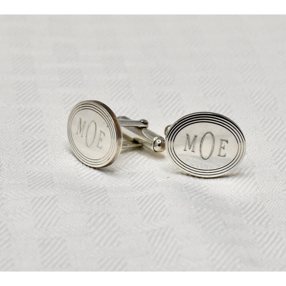 Tiffany & Co Oval 925 Sterling Silver Engine-turned Monogram "MOE" Cufflinks - Picture 2 of 7